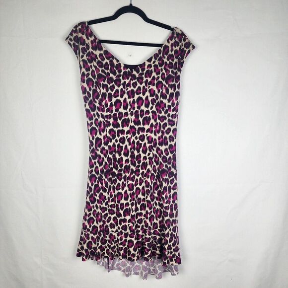 NWT Betsey Johnson Leopard Print Dress Size 14 Purple Sleeveless Ruched Zip - Picture 2 of 6